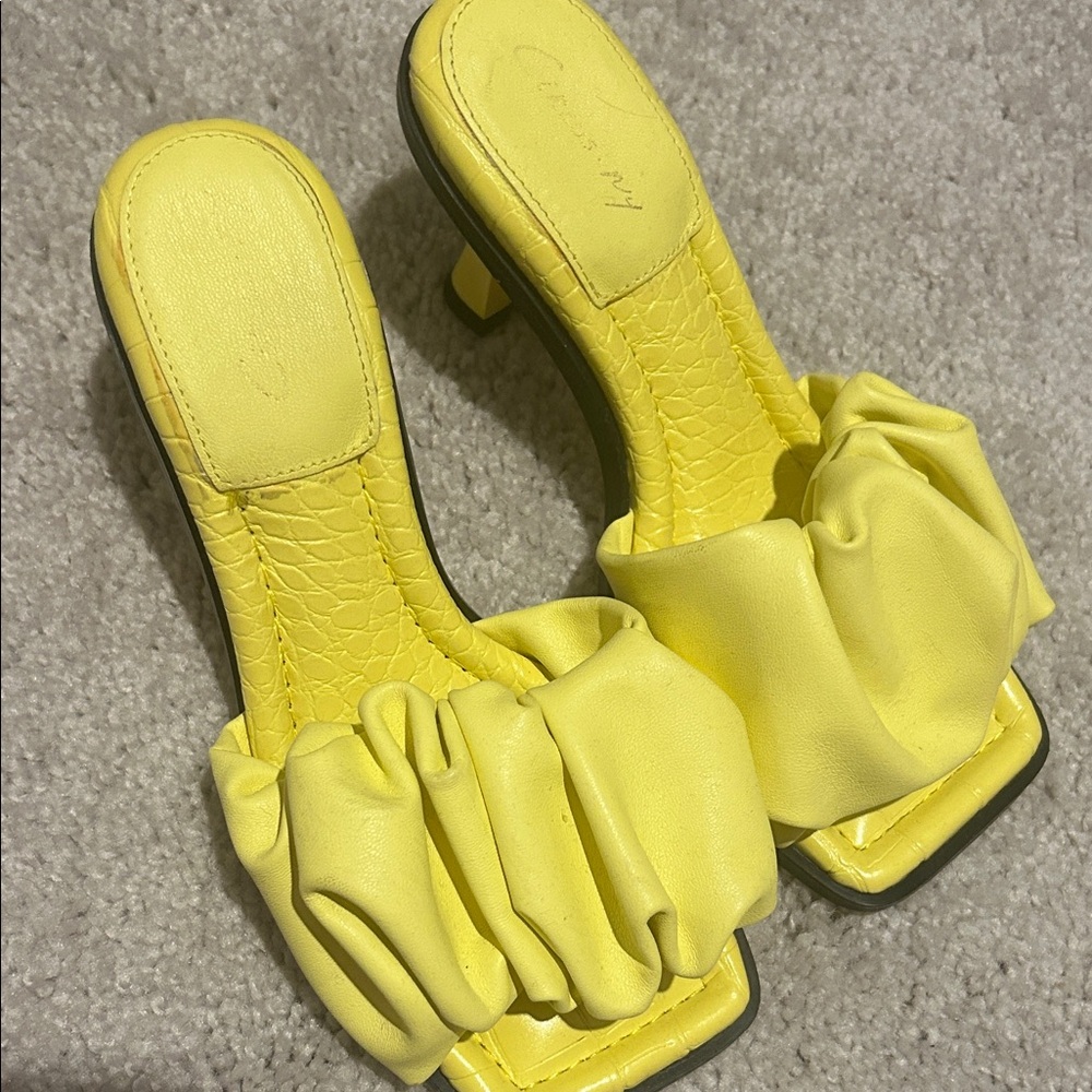 Yellow Ruched Slide Heels with Low Block Heel